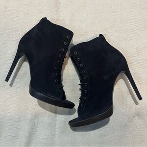 Burberry Black Nubuck Leather Peep Toe Lace Up Ankle Boot EU 39
